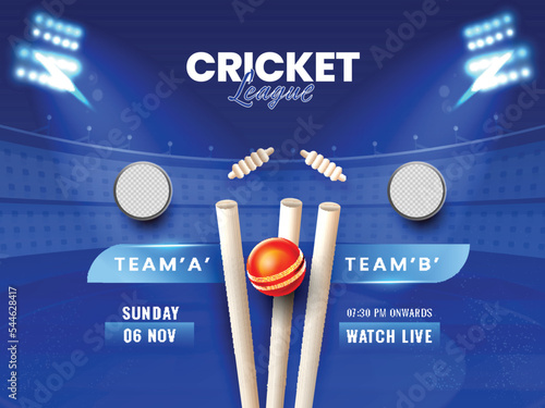 Cricket Match Between Team A VS B With Empty Round Badge Or Frame And Realistic Red Ball Hitting Wicket Stump On Blue Stadium Background.