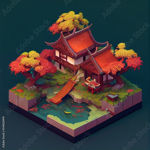 isometric diorama of a surreal Chinese ancient traditional house photo