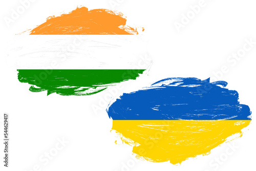 India and ukraine flag together on a white stroke brush background