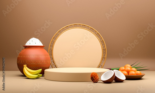 3D Illustration Of Pongal Festival Elements And Empty Circular Frame On Glossy Brown Background. photo