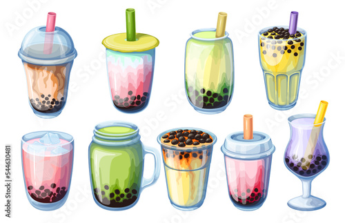 Bubble tea set set vector illustration. Cartoon isolated boba tea or coffee with milk and pearls in plastic cup or jar with straw, sweet fruit juice smoothie in glass beaker for summer beverage menu