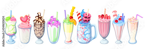 Milkshake set vector illustration. Cartoon isolated milkshake in glass cup or jar with handle and straw, milk cocktail and cold dessert with whipped cream, candy sticks, fruit and marshmallow