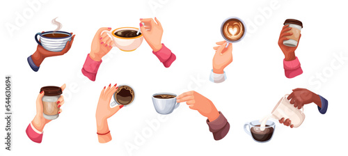 Hands hold hot coffee cup set vector illustration. Cartoon isolated arms holding plastic, paper or glass mug and spoon, pouring cream or milk from jug to morning coffee or latte, top and side view