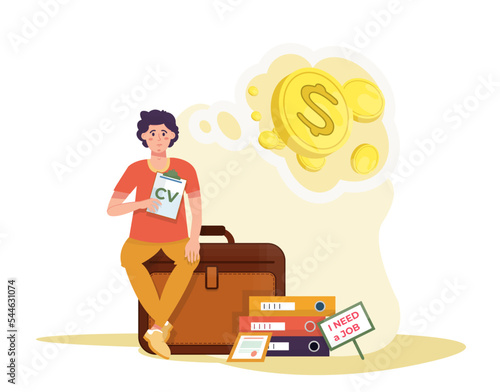 Man with CV looking for job. Unemployment concept. Fired, dismissed person. Recession. Search for the job, occupation. Loss of job.  Flat vector illustration.