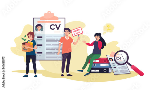 Man and woman waiting for the job interview. Candidates with cv sitting in line. Open vacancy. Unemployment concept. Recession. Search for the job, occupation. Loss of job.  Flat vector illustration.