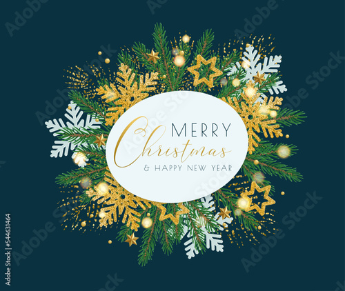 Merry Christmas, Happy New Year design template vector illustration. Xmas wreath with golden and white snowflakes, stars, Christmas green fir tree branches around oval frame with greeting text