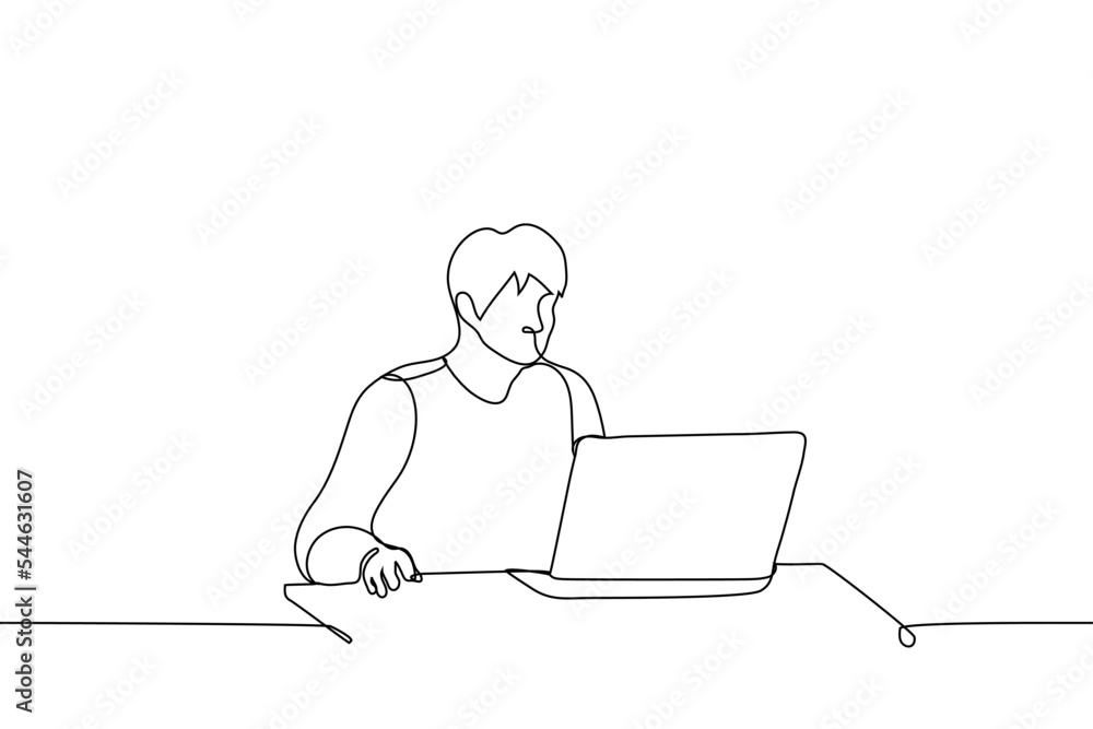 man sitting at the computer - one line drawing vector. concept freelancer or gamer man sitting at the computer - one line drawing vector. concept freelancer or gamer