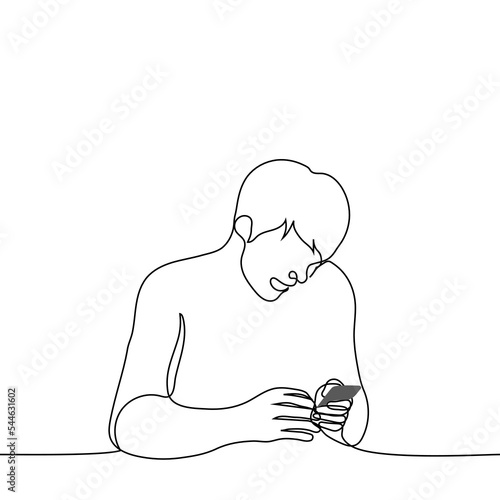 man looking at phone with open mouth - one line drawing vector. concept shocking news, internet scandal