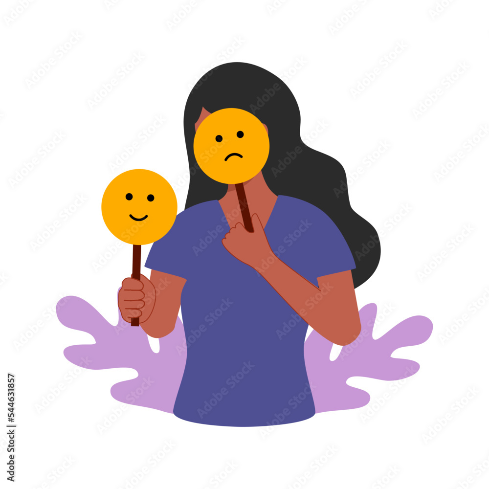 Woman with bipolar disorder symptom in flat design. Bipolar patient with mood swings sometimes in a good mood sometimes sad. Woman with bipolar disorder symptom in flat design. Bipolar patient with mood swings sometimes in a good mood sometimes sad.