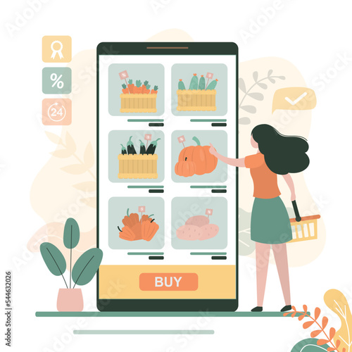 Woman chooses fresh farm food in online store. Mobile application presents different assortment of fruits and vegetables. Girl client orders home delivery of eco organic food.