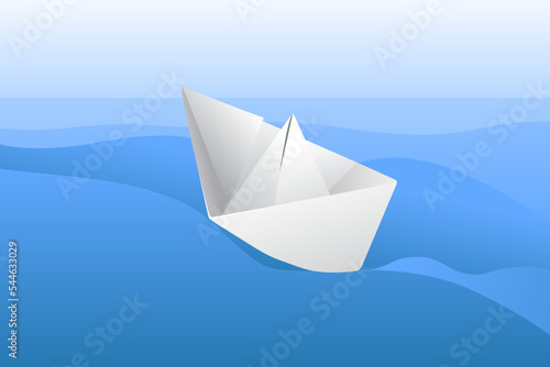 A white paper boat floats on the waves of the blue sea. Background  vector illustration