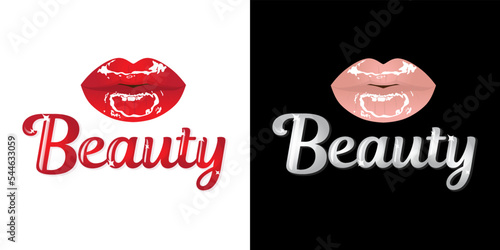 Beautiful female sexy glossy lips with an inscription on a white and black background. Set of vector illustrations