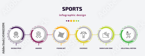 sports infographic template with icons and 6 step or option. sports icons such as second prize, awards, fishing net, excersice, snow slide zone, volleyball motion vector. can be used for banner,