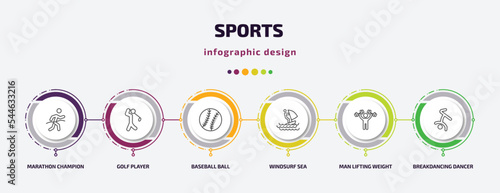 sports infographic template with icons and 6 step or option. sports icons such as marathon champion, golf player, baseball ball, windsurf sea, man lifting weight, breakdancing dancer vector. can be