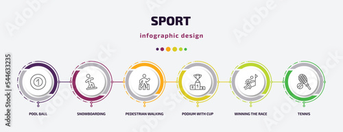 sport infographic template with icons and 6 step or option. sport icons such as pool ball, snowboarding, pedestrian walking, podium with cup, winning the race, tennis vector. can be used for banner,