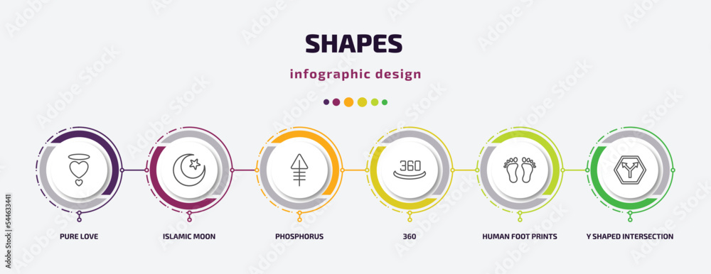 shapes infographic template with icons and 6 step or option. shapes icons such as pure love, islamic moon, phosphorus, 360, human foot prints, y shaped intersection vector. can be used for banner, shapes infographic template with icons and 6 step or option. shapes icons such as pure love, islamic moon, phosphorus, 360, human foot prints, y shaped intersection vector. can be used for banner,