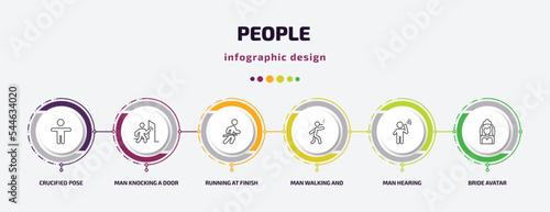 people infographic template with icons and 6 step or option. people icons such as crucified pose, man knocking a door, running at finish line, man walking and smoking, man hearing, bride avatar