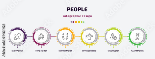 people infographic template with icons and 6 step or option. people icons such as baby pacifier, sumo fighter, electromagnet, getting dressed, constructor, man attacking vector. can be used for