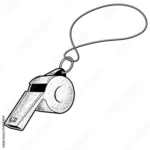 Metal sport whistle, coach or referee whistle isolated on white, vector