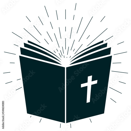 Holy Bible, open old testament book with crucifix, cover of open gospel and shining, vector