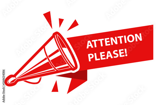 Attention please, banner with old tin megaphone or loudspeaker, notice or announcement icon, vector