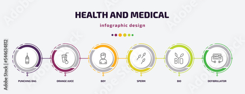 health and medical infographic template with icons and 6 step or option. health and medical icons such as punching bag, orange juice, boy, sperm, bio, defibrillator vector. can be used for banner,