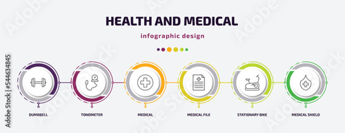 health and medical infographic template with icons and 6 step or option. health and medical icons such as dumbbell, tonometer, medical, file, stationary bike, shield vector. can be used for banner,