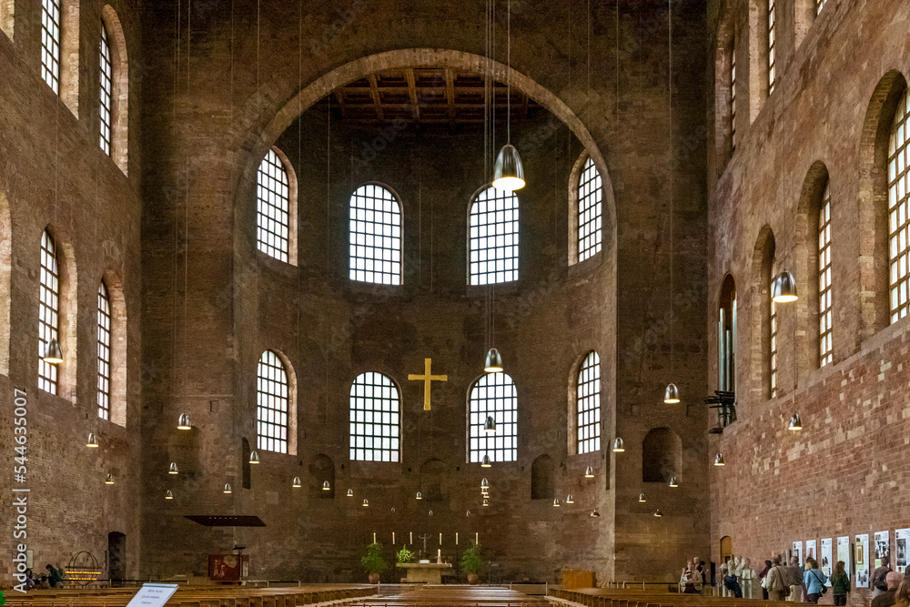 Interior view of the Basilica of Constantine facing north. The Roman palace basilica and early Christian structure in Trier, Germany, is used as the Church of the Redeemer by the Evangelical Church.