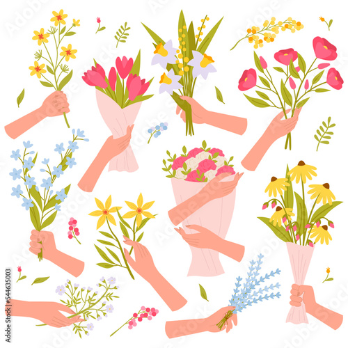 Hands with flowers flat icons set. Wildflowers variations. Blossom of rose, dogwood and daffodil. Beautiful colorful presents. Color isolated illustrations