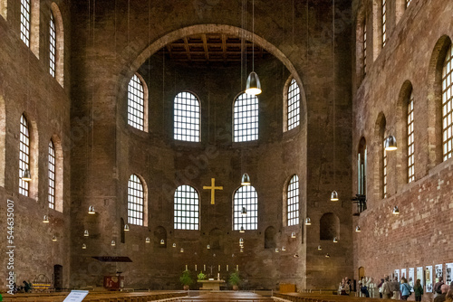Interior view of the Basilica of Constantine facing north. The Roman palace basilica and early Christian structure in Trier  Germany  is used as the Church of the Redeemer by the Evangelical Church.