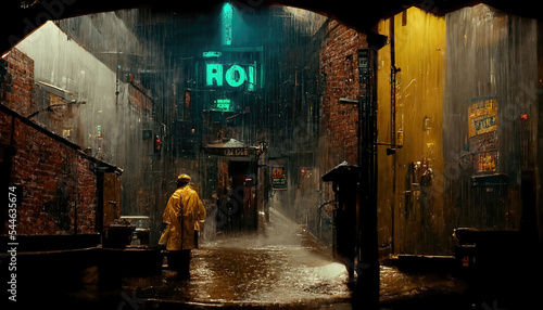 AI generated image of a film noir concept showing the detective standing in a neon-lit alleyway on a rainy night 