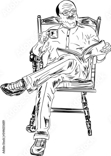 Retired old man sitting on chair holding tea cup and reading book  old man sketch drawing vector illustration holding coffee cup and reading book  retired man clip art and symbol