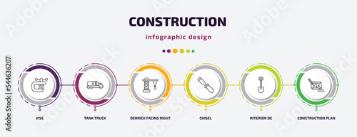 construction infographic template with icons and 6 step or option. construction icons such as vise, tank truck, derrick facing right, chisel, interior de, construction plan vector. can be used for