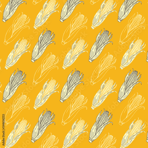 Sketch corn. Harvesting cereals, hand drawn cobs and seeds vector seamless pattern