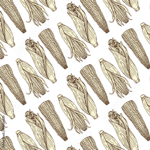 Sketch corn. Harvesting cereals, hand drawn cobs and seeds vector seamless pattern