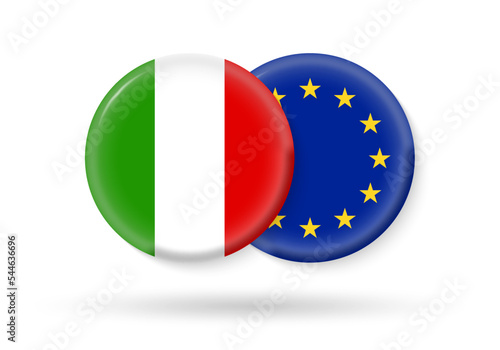 Italy and EU circle flags. 3d icon. European Union and Italian national symbols. Vector illustration.