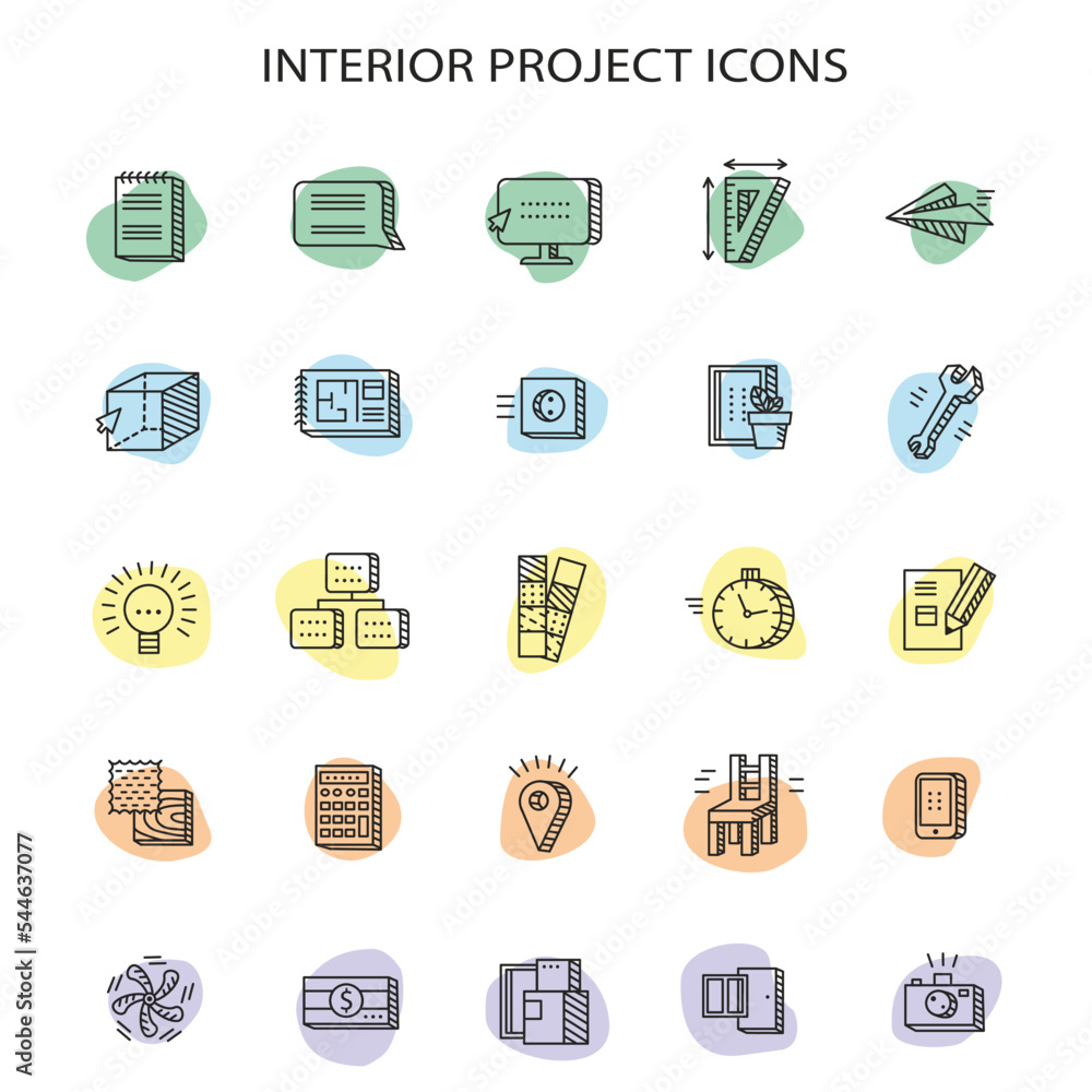 Architectural project modern vector icons set, interior design stages ...