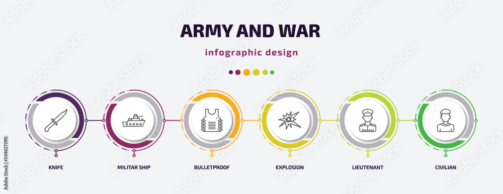 army and war infographic template with icons and 6 step or option. army and war icons such as knife, militar ship, bulletproof, explosion, lieutenant, civilian vector. can be used for banner, info army and war infographic template with icons and 6 step or option. army and war icons such as knife, militar ship, bulletproof, explosion, lieutenant, civilian vector. can be used for banner, info