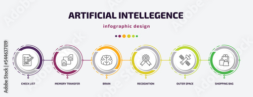 artificial intellegence infographic template with icons and 6 step or option. artificial intellegence icons such as check list, memory transfer, brain, recognition, outer space, shopping bag vector.