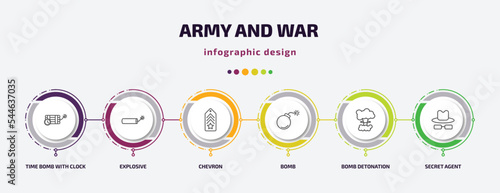 army and war infographic template with icons and 6 step or option. army and war icons such as time bomb with clock, explosive, chevron, bomb, bomb detonation, secret agent vector. can be used for