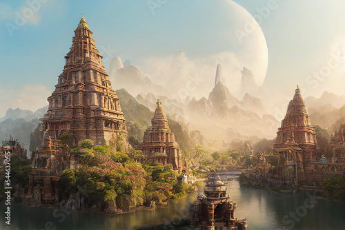 AI generated image of a beautiful Hindu temple complex with a stream and colorful flowers