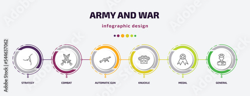 army and war infographic template with icons and 6 step or option. army and war icons such as strategy, combat, automatic gun, knuckle, medal, general vector. can be used for banner, info graph,