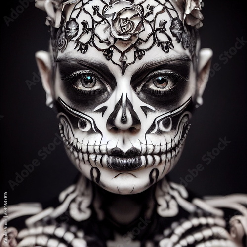 Day of the Dead, Mexican female Skull makeup and flowers the traditional holiday in Mexico., digital 3D illustration Original concept, this Character is fiction based and does not exist in real life