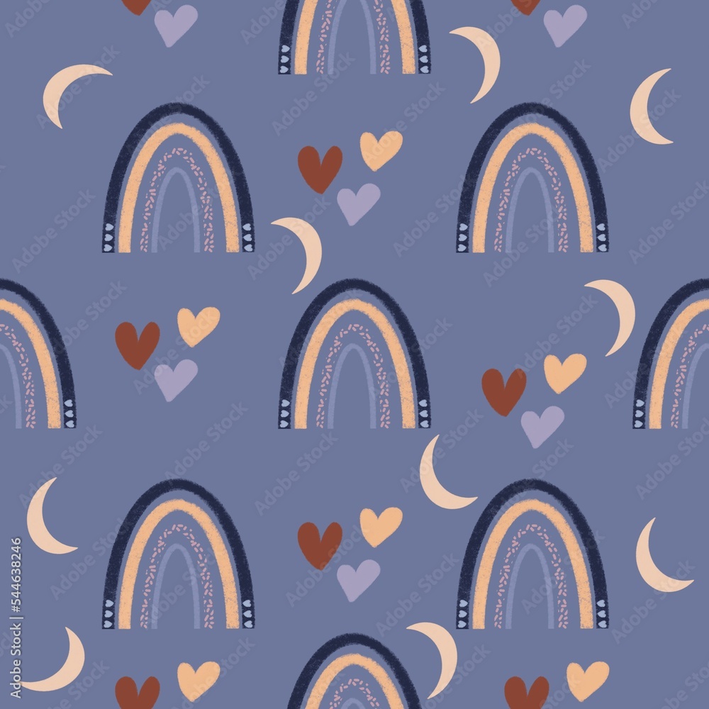 Boho rainbow seamless pattern. Boho with heart and crescent moon isolated on white background. Boho rainbow seamless pattern. Boho with heart and crescent moon isolated on white background.
