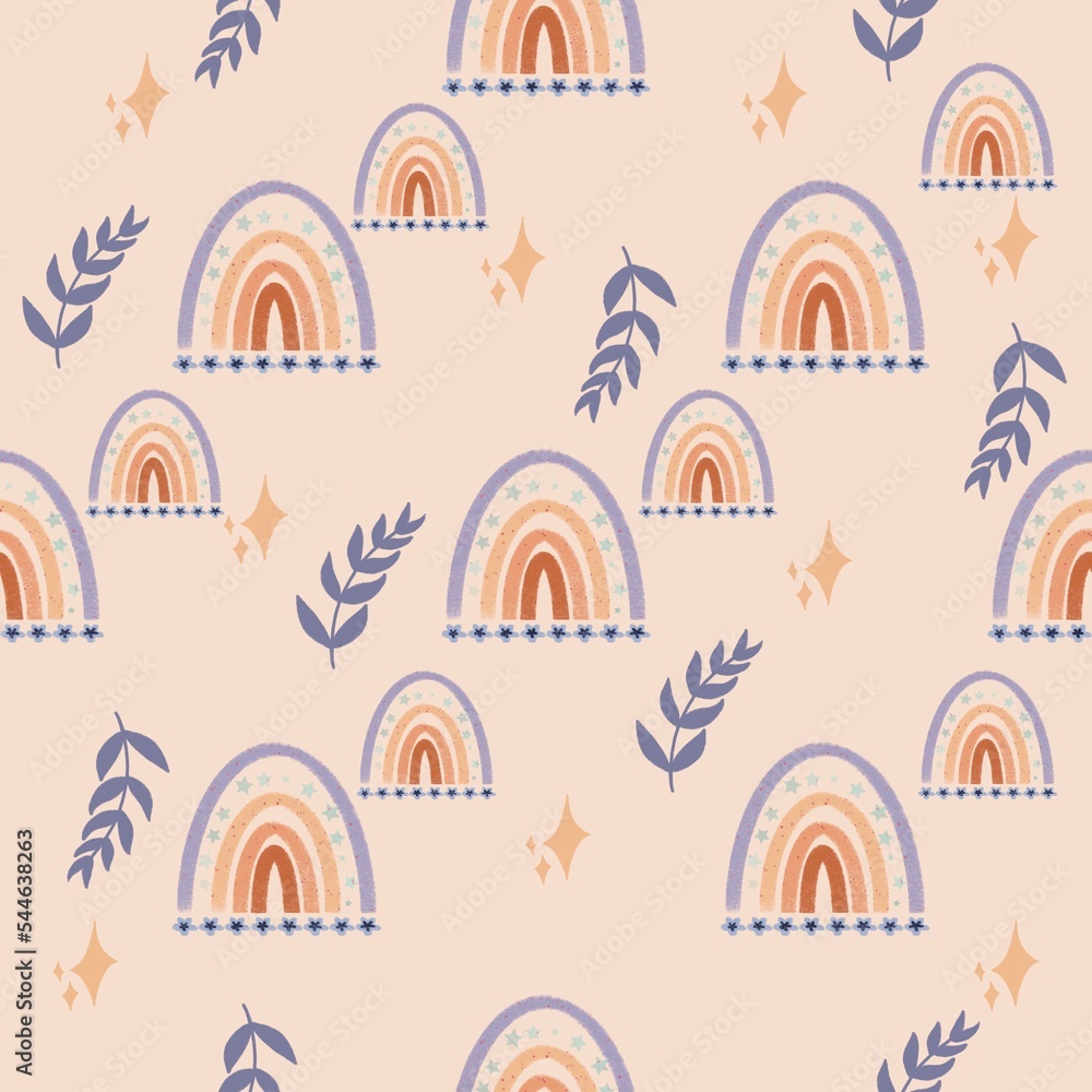 Boho rainbow seamless pattern. Boho rainbow with leaf and star isolated on beige background. Boho rainbow seamless pattern. Boho rainbow with leaf and star isolated on beige background.