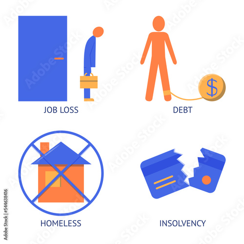 Economic and financial crisis flat icon set