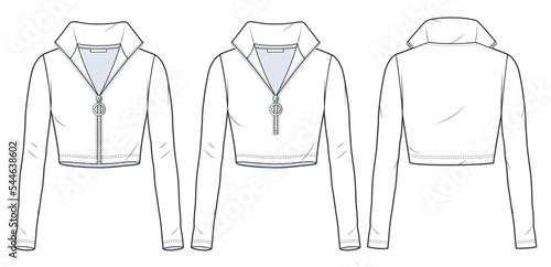 Long Sleeved Top technical fashion illustration. Women's roll neck Top fashion flat technical drawing template, cropped, slim fit, zipper closure, front and back view, white, CAD mockup set.
