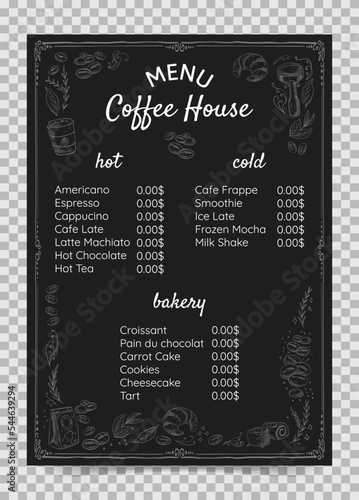 Vector menu for coffee shop. Coffee price list on black background