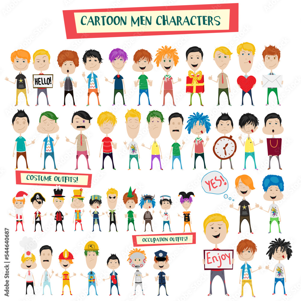 Cartoon vector man characters. Mascot male emotions, hairstyles, clothes, costume outfits, hand gestures and occupation outfits symbols set.