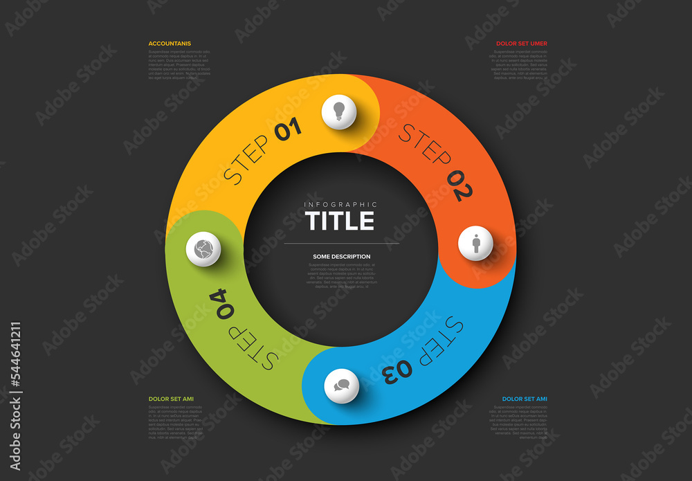 Simple dark infographic cycle with four spheres and icons Stock ...